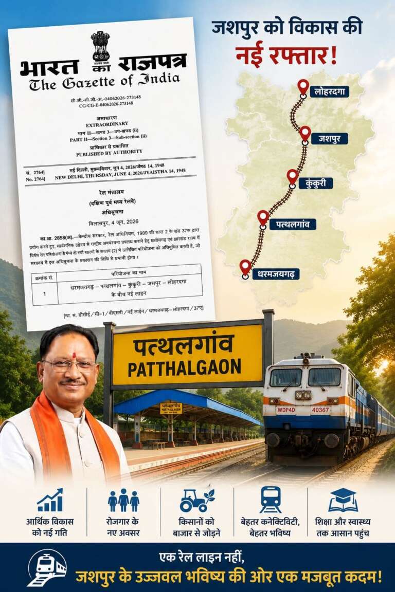 *इतिहास में पहली बार रेल नेटवर्क से जुड़ेगा जशपुर, धरमजयगढ़–पत्थलगांव–लोहरदगा नई रेल लाइन परियोजना की केंद्र सरकार से अधिसूचना जारी, मुख्यमंत्री श्री विष्णु देव साय के विशेष प्रयासों से साकार हुआ सपना…*